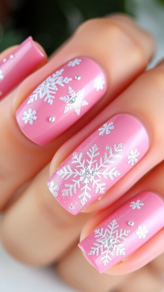 Close-up of pink Christmas nails with snowflake designs and glitter.